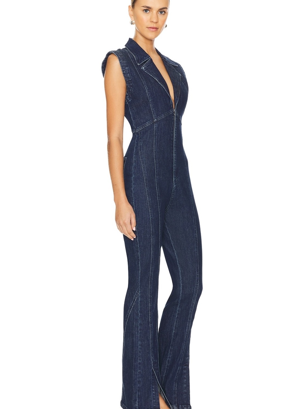 Free People Navy Sleeveless Denim Jumpsuit with Flared Slits - Picture 2 of 2
